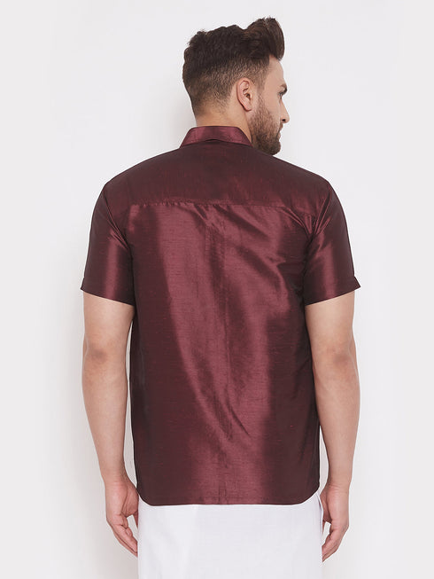 Men's Wine Silk Blend Ethnic Shirt